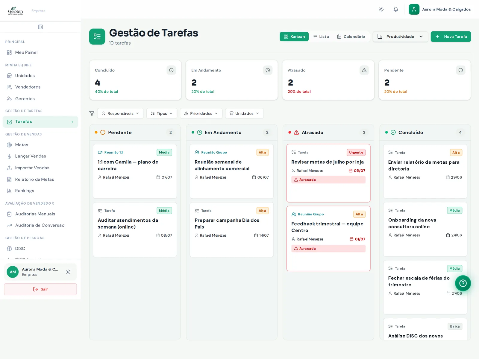 Tela real da Gestão de Tarefas: quadro kanban com colunas pendente, em andamento, atrasado e concluído